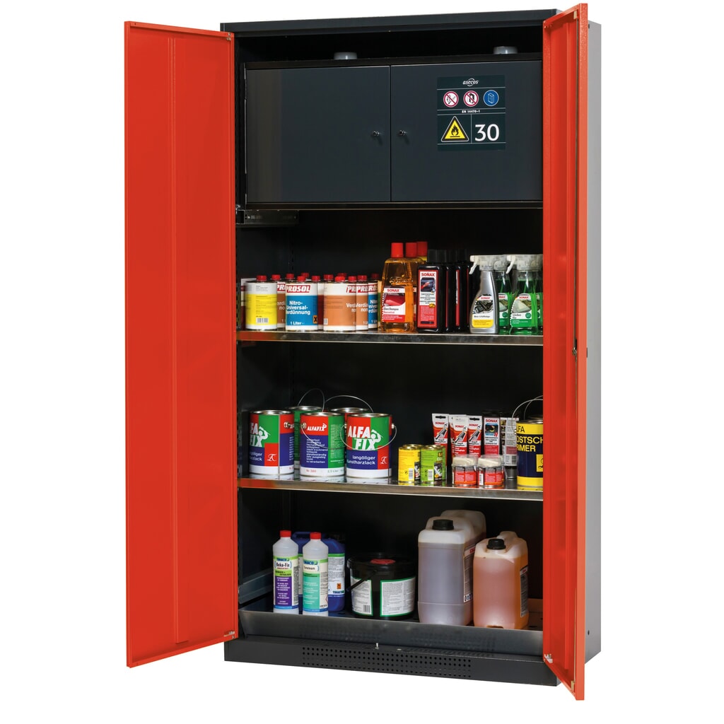 armadio per sostanze chimiche asecos® CS-CLASSIC-F, con contenitore di sicurezza tipo 30, vasca di raccolta a pavimento con lamiera forata e 2 ripiani, HxBxT 1.950 x 1.055 x 520 mm, rosso traffico Immagine del prodotto: armadio per sostanze chimiche asecos® CS-CLASSIC-F, con contenitore di sicurezza tipo 30, vasca di raccolta a pavimento con lamiera forata e 2 ripiani, HxBxT 1.950 x 1.055 x 520 mm, rosso traffico