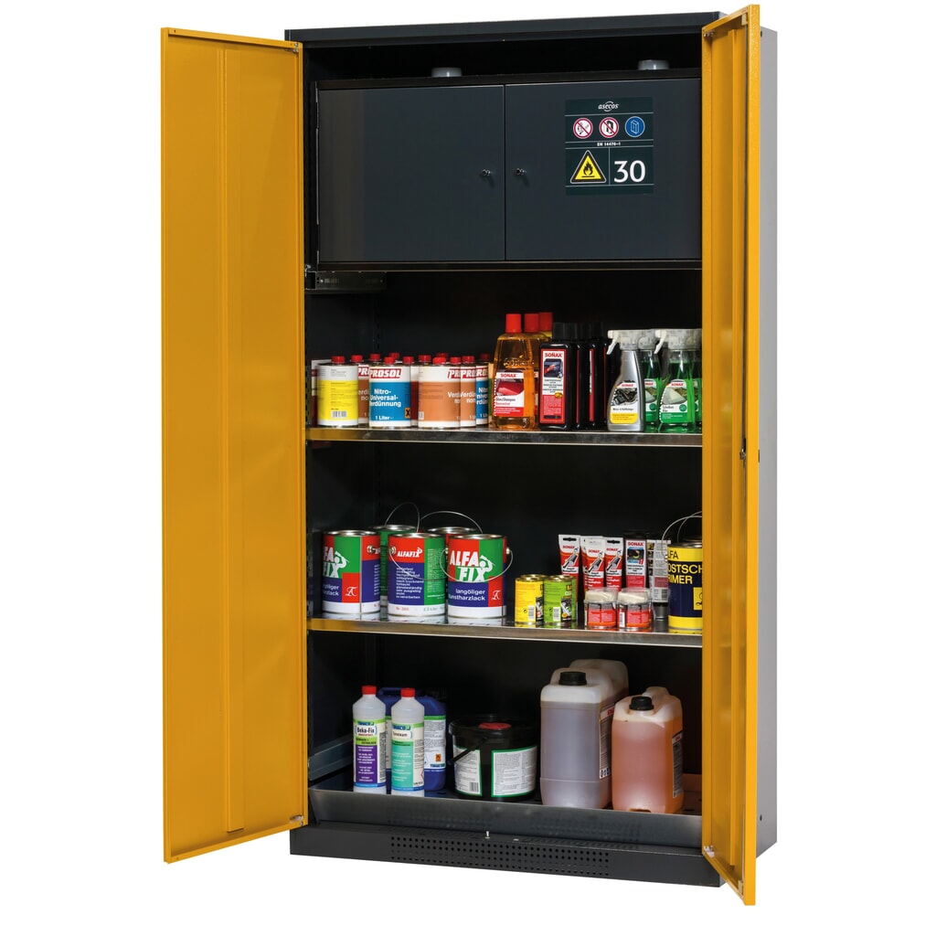 armadio per sostanze chimiche asecos® CS-CLASSIC-F, con contenitore di sicurezza tipo 30, vasca di raccolta a pavimento con lamiera forata e 2 ripiani, HxBxT 1.950 x 1.055 x 520 mm, giallo oro Immagine del prodotto: armadio per sostanze chimiche asecos® CS-CLASSIC-F, con contenitore di sicurezza tipo 30, vasca di raccolta a pavimento con lamiera forata e 2 ripiani, HxBxT 1.950 x 1.055 x 520 mm, giallo oro