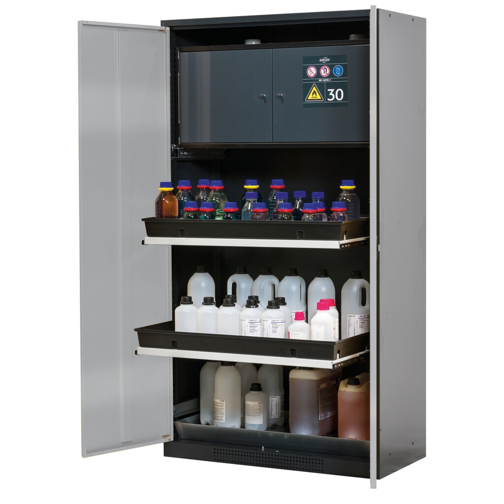armadio per sostanze chimiche asecos® CS-CLASSIC-F, con contenitore di sicurezza tipo 30, vasca in PP e 3 ripiani estraibili, HxBxT 1.950 x 1.055 x 520 mm, argento Immagine del prodotto: armadio per sostanze chimiche asecos® CS-CLASSIC-F, con contenitore di sicurezza tipo 30, vasca in PP e 3 ripiani estraibili, HxBxT 1.950 x 1.055 x 520 mm, argento