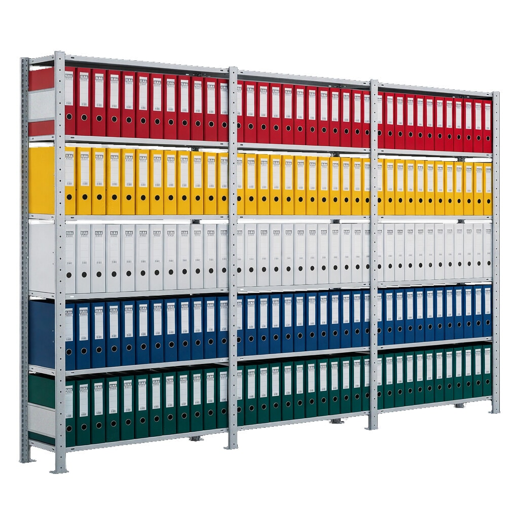 Immagine del prodotto: Pacchetto completo per scaffalatura per documenti SCHULTE, monofronte, portata per piano 85 kg, HxLxP 2.000 x 3.000 x 300 mm, zincata
