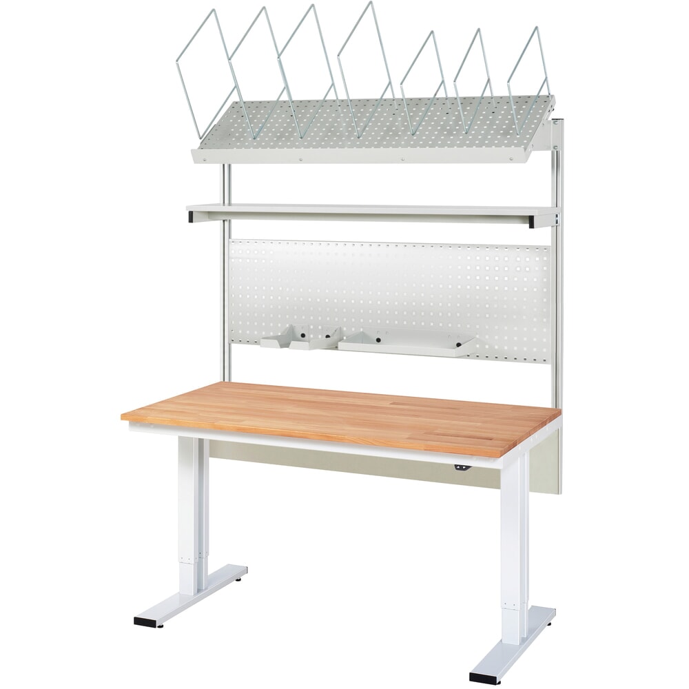 Immagine del prodotto: RAU set tavolo di confezionamento adlatus 300, regolabile elettricamente in altezza, sovrastruttura con ripiano per cartoni e piastra forata, AxLxP 1.850-2.250 mm x 1.500 mm x 800 mm
