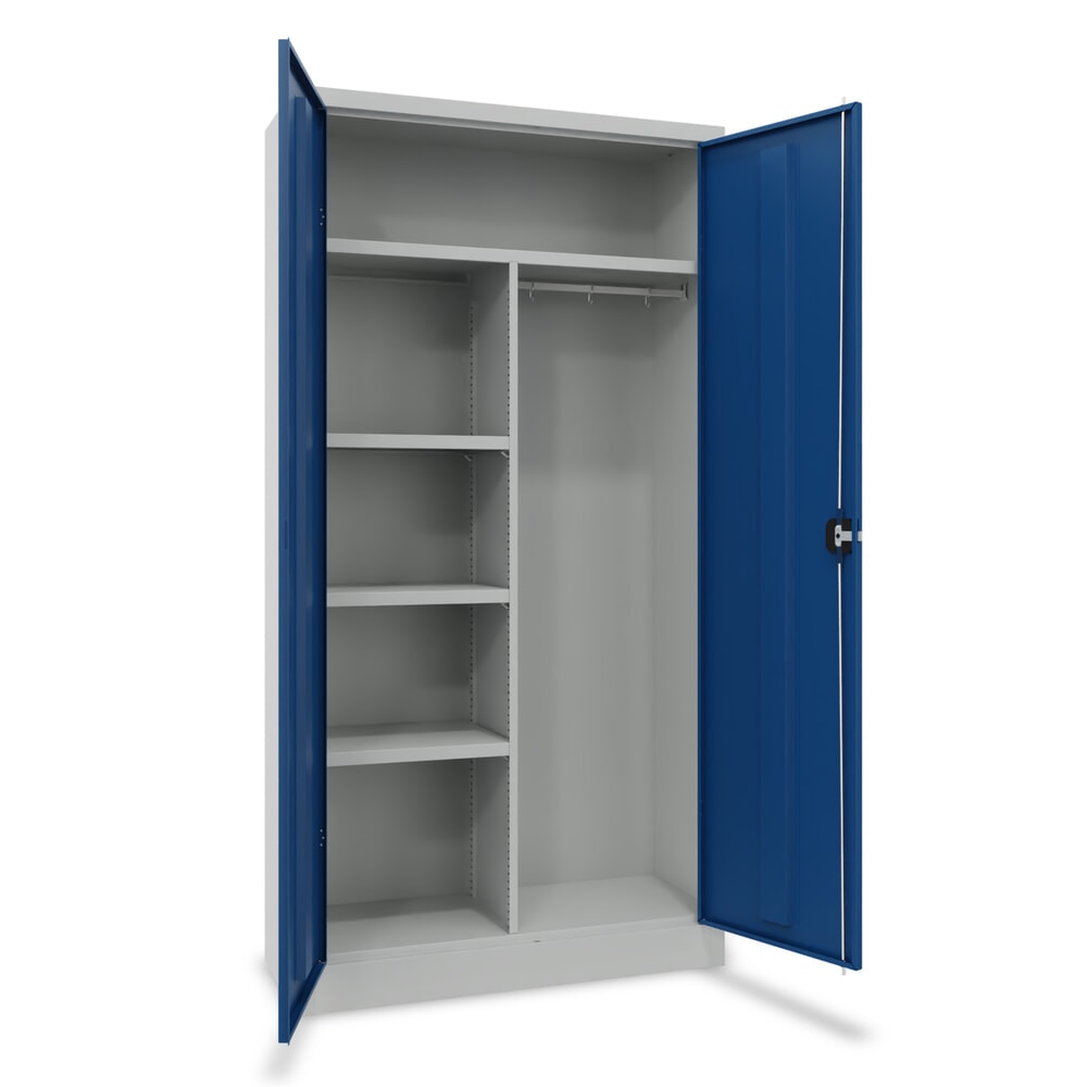 Immagine del prodotto: Armadio con ante a battente PAVOY con ripiano per cappelli, divisorio, ripiani verniciati a polvere e asta appendiabiti, AxLxP 1950 x 1000 x 400 mm, grigio chiaro/blu genziana