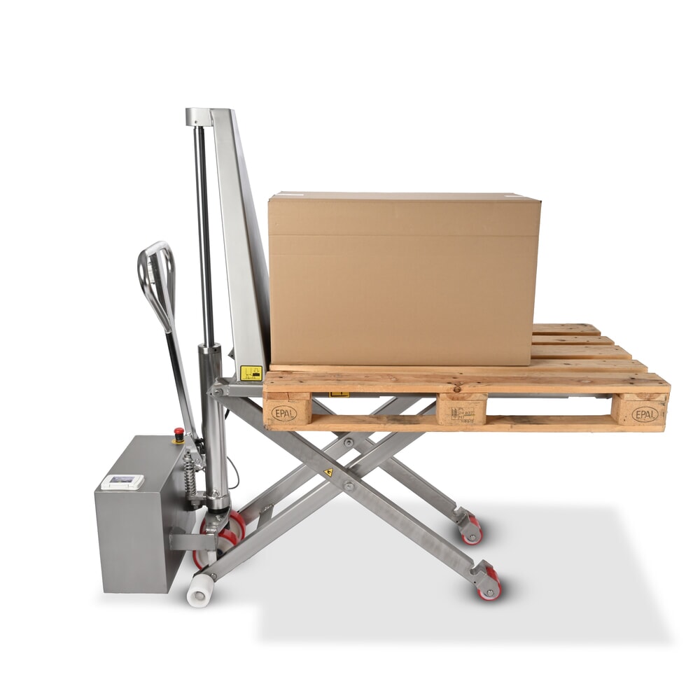 Immagine del prodotto n. 3: Transpallet a pantografo in acciaio inox Ameise® PTM 1.0 Scissor INOX, portata 1.000 kg, elettroidraulico, lunghezza forche 1.200 mm, nylon