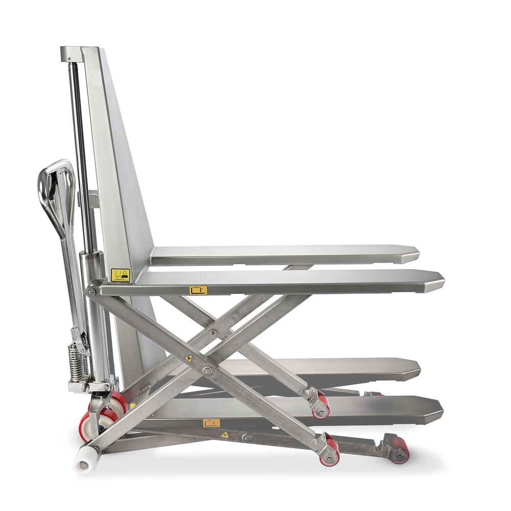 Immagine del prodotto: Transpallet a pantografo in acciaio inox Ameise® PTM 1.0 Scissor INOX, portata 1.000 kg, elettroidraulico, lunghezza forche 1.200 mm, nylon