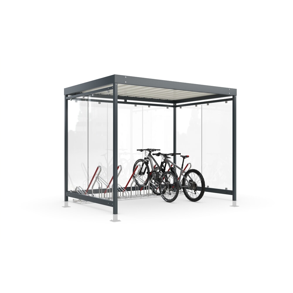 Immagine del prodotto: wsm® tettoia per biciclette Economy Köln, vetrata ESG, sistema di parcheggio 2502 XBF, kit, per 4 biciclette, AxLxP 2440 mm x 3180 mm x 2165 mm