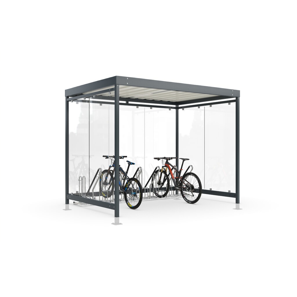 Immagine del prodotto: wsm® tettoia per biciclette Professional Köln, vetrata ESG, illuminazione integrata, kit, per 6 biciclette, AxLxP 2440 mm x 3180 mm x 2165 mm