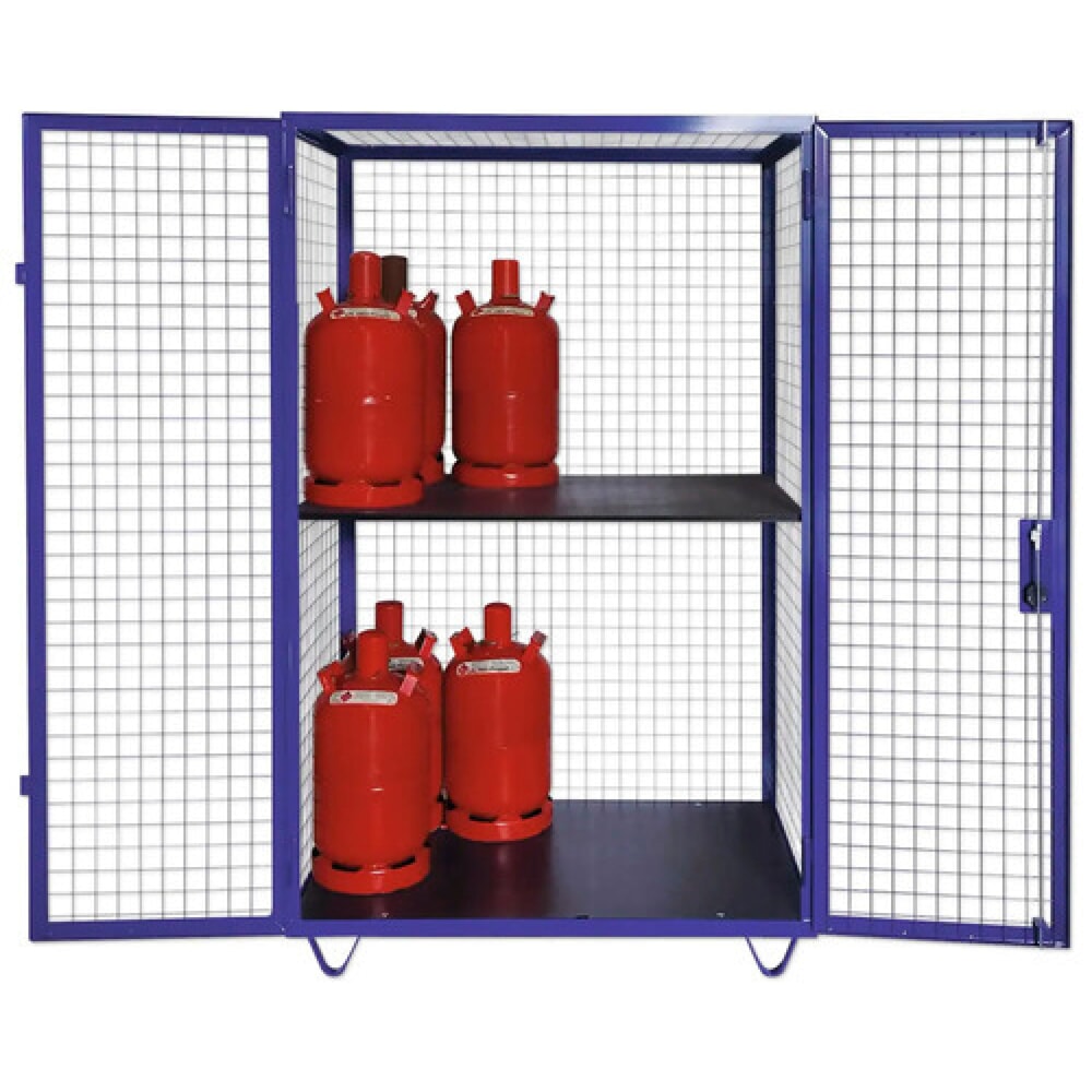 Immagine del prodotto: Contenitore a griglia per bombole di gas, doppio sportello basculante, base con piedini, AxLxP 1.970 x 1.250 x 800 mm