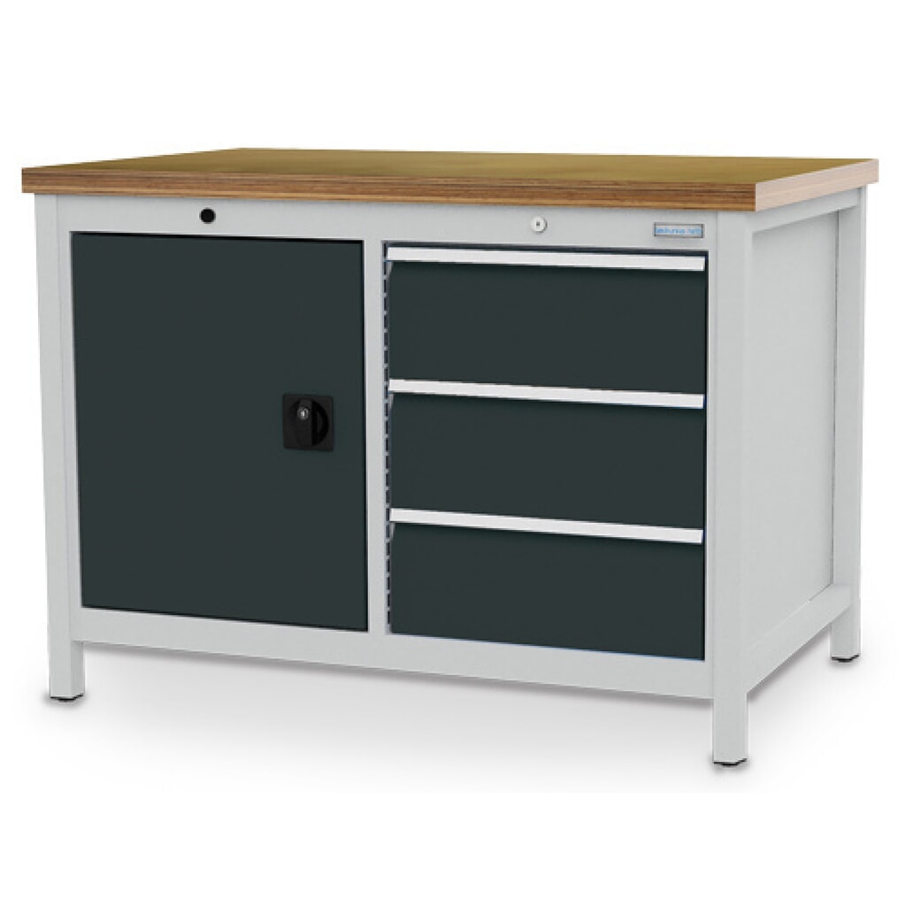 Immagine del prodotto n. 1: Banco da lavoro a comparti Bedrunka+Hirth R 18-24, AxLxP 859 x 1.250 x 750 mm, grigio chiaro, grigio antracite, 3 cassetti 3x200 mm, 1 anta a battente 1x600 mm