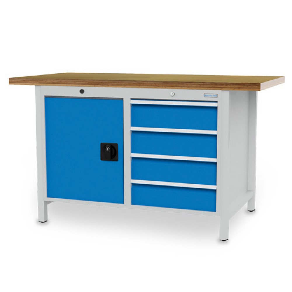 Immagine del prodotto: Banco da lavoro a comparti Bedrunka+Hirth R 18-24, AxLxP 959 x 1.500 x 750 mm, grigio chiaro, azzurro, 4 cassetti 4x150 mm, 1 anta a battente 1x600 mm