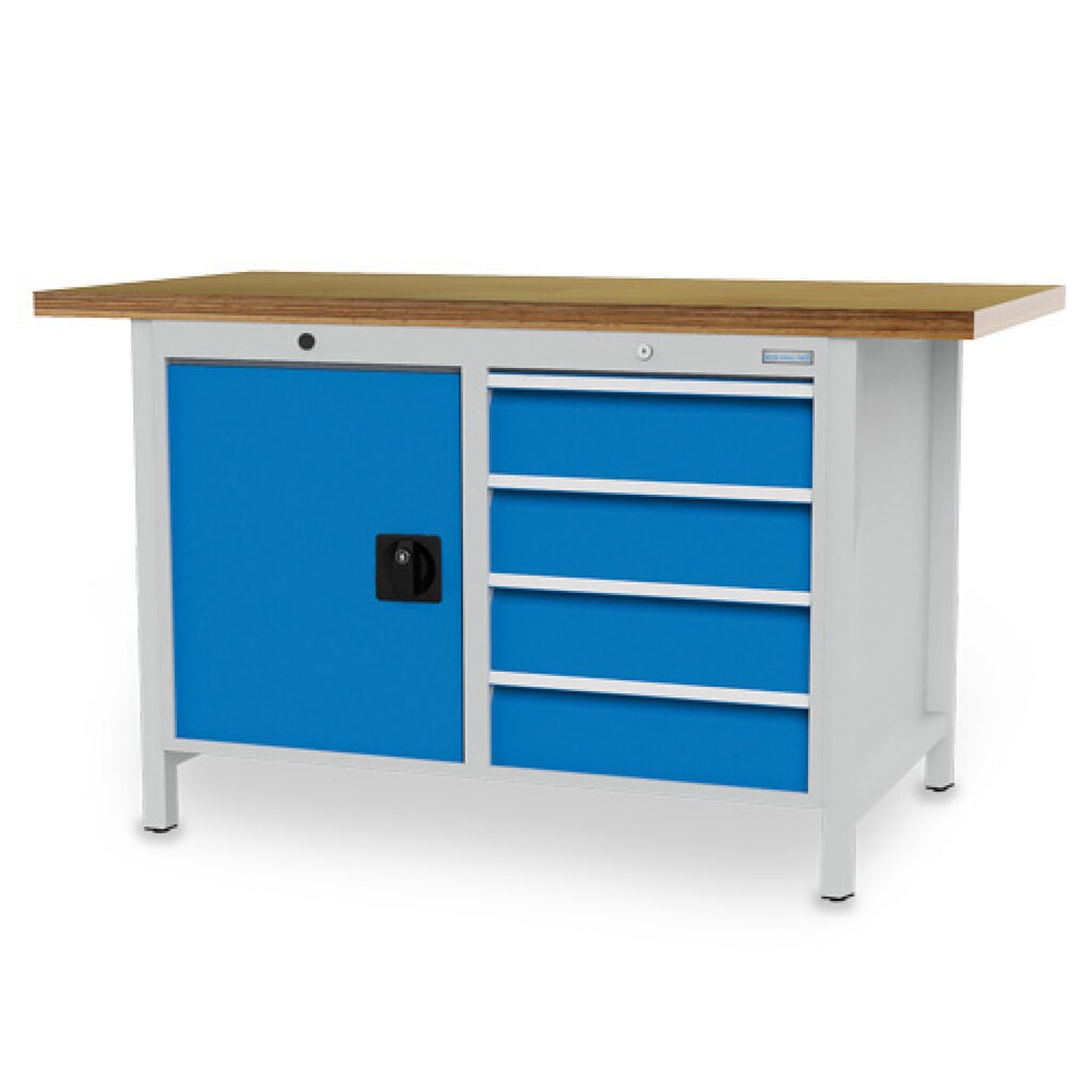 Immagine del prodotto n. 1: Banco da lavoro a comparti Bedrunka+Hirth R 18-24, AxLxP 859 x 1.500 x 750 mm, grigio chiaro, azzurro, 4 cassetti 4x150 mm, 1 anta a battente 1x600 mm