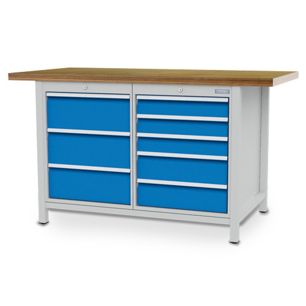 Immagine del prodotto: Banco da lavoro a comparti Bedrunka+Hirth R 18-24, AxLxP 959 x 1.500 x 750 mm, grigio chiaro, azzurro, 8 cassetti 3x200 mm + 3x100 + 2x150 mm
