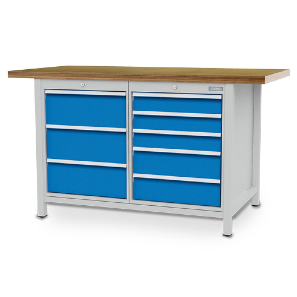 Immagine del prodotto: Banco da lavoro a comparti Bedrunka+Hirth R 18-24, AxLxP 859 x 1.500 x 750 mm, grigio chiaro, azzurro, 8 cassetti 3x200 mm + 3x100 + 2x150 mm