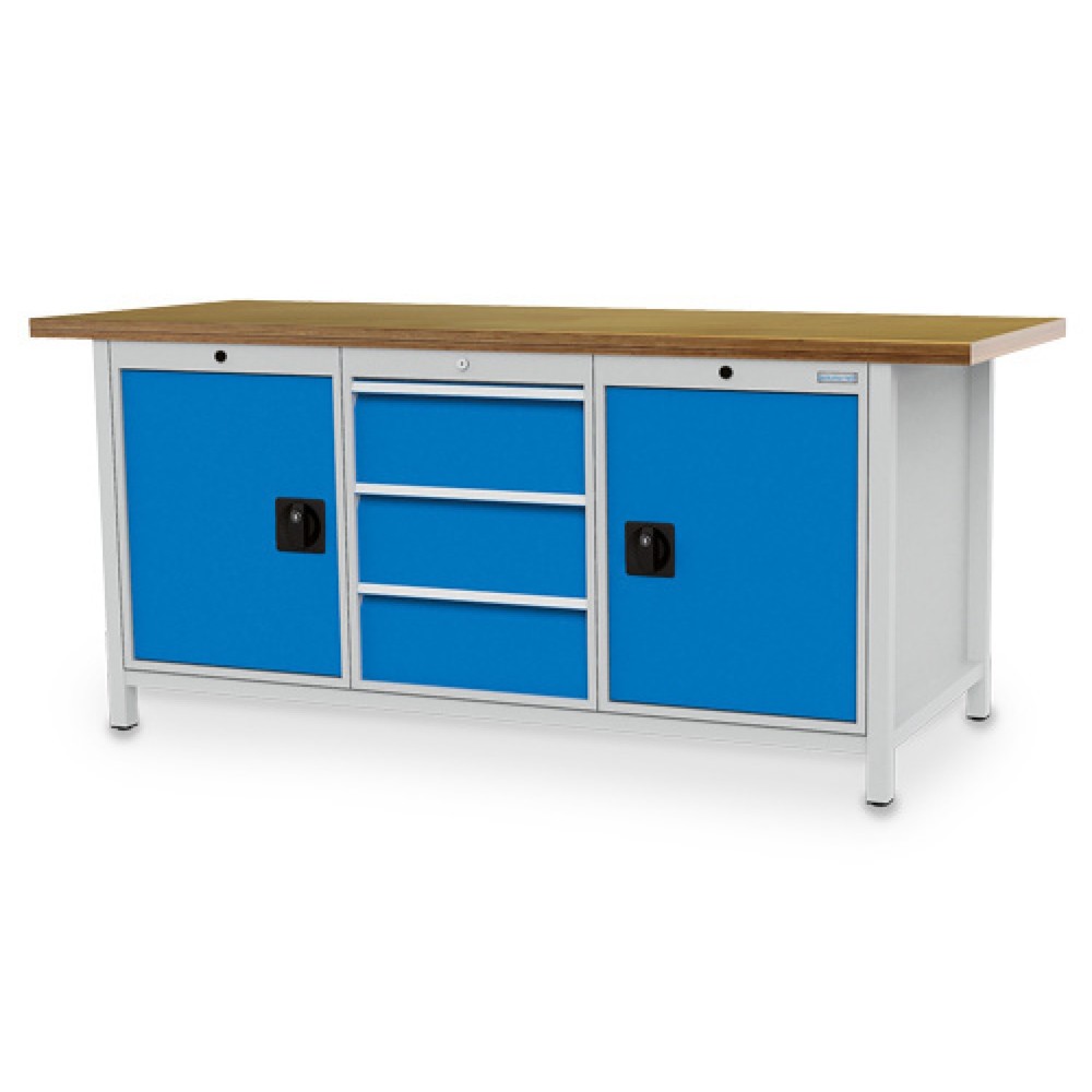 Immagine del prodotto n. 1: Banco da lavoro Bedrunka+Hirth R 18-24, AxLxP 859 x 2.000 x 750 mm, grigio chiaro, azzurro, 3 cassetti 3x200 mm, 2 ante a battente 2x600 mm