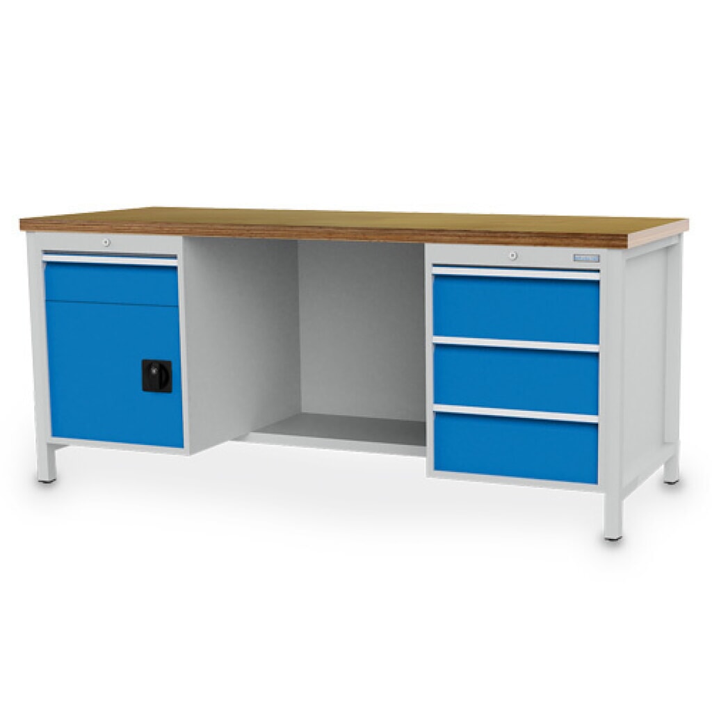 Immagine del prodotto: Banco da lavoro Bedrunka+Hirth R 18-24, AxLxP 859 x 2.000 x 750 mm, grigio chiaro, azzurro, 4 cassetti 1x150 mm+ 3x200 mm, 1 anta a battente 1x450 mm