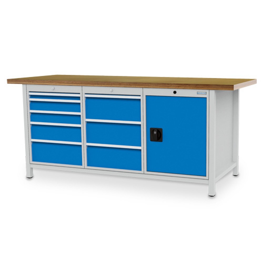 Immagine del prodotto: Banco da lavoro Bedrunka+Hirth R 18-24, AxLxP 959 x 2.000 x 750 mm, grigio chiaro, azzurro, 8 cassetti 1x50 + 2x100 + 1x150 + 4x200 mm, 1 anta a battente 1x600 mm