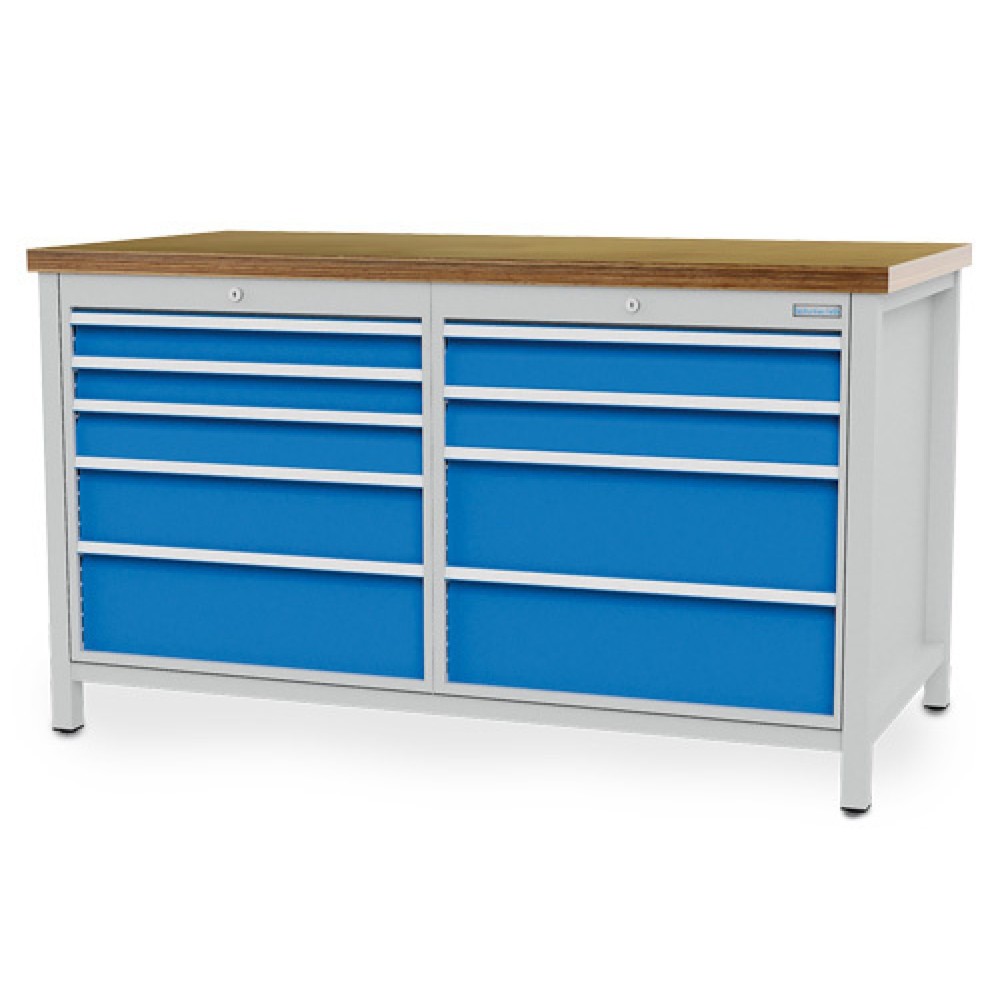 Immagine del prodotto: Banco da lavoro Bedrunka+Hirth R 24-24, AxLxP 859 x 1.500 x 750 mm, grigio chiaro, azzurro, 9 cassetti 2x75 + 3x100 + 1x150 + 3x200 mm