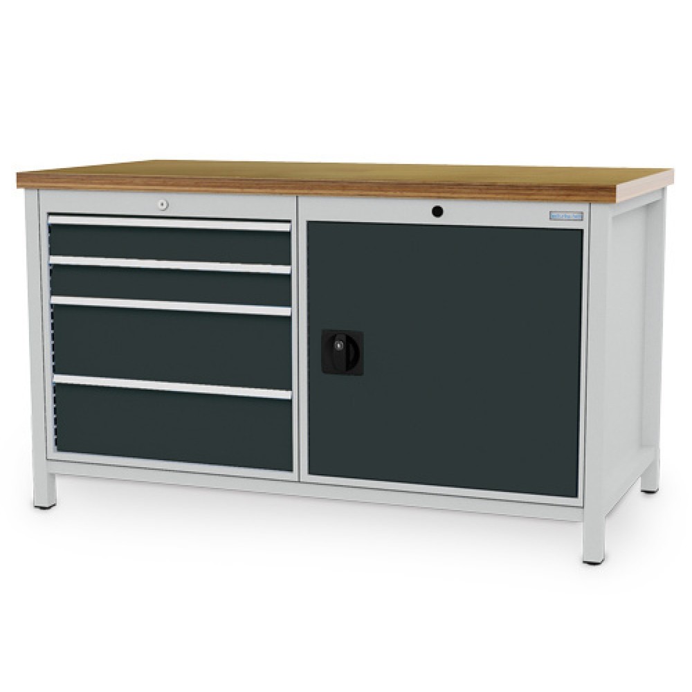 Immagine del prodotto n. 1: Banco da lavoro Bedrunka+Hirth R 24-24, AxLxP 859 x 1.500 x 750 mm, grigio chiaro, grigio antracite, 4 cassetti 4x200 mm, 1 anta a battente 1x600 mm