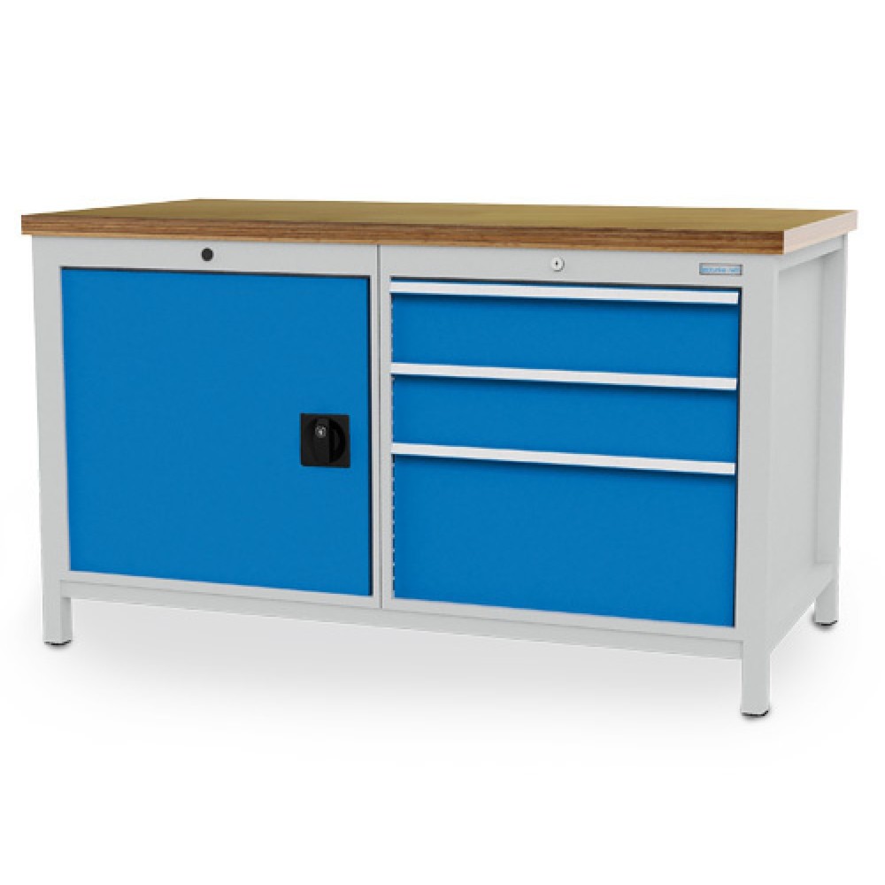 Immagine del prodotto: Banco da lavoro Bedrunka+Hirth R 24-24, AxLxP 959 x 1.500 x 750 mm, grigio chiaro, azzurro, 3 cassetti 2x150 mm+ 1x300 mm, 1 anta a battente 1x600 mm