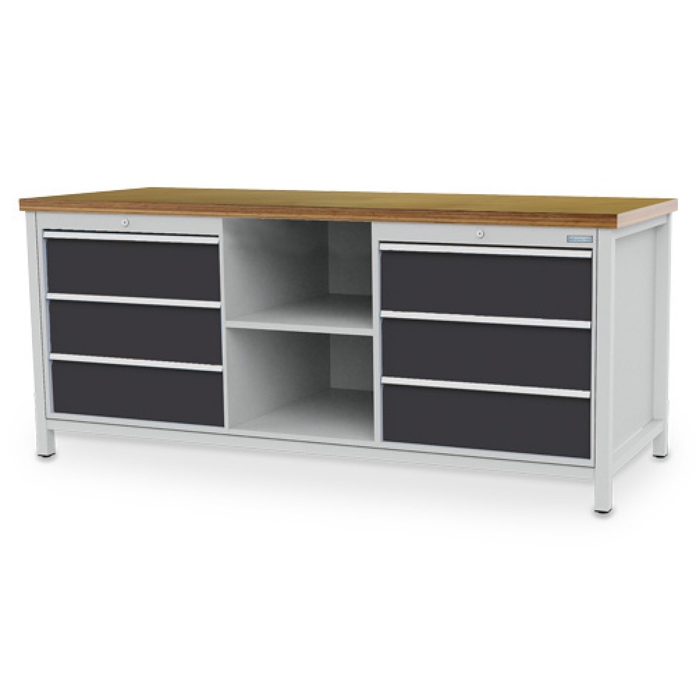 Immagine del prodotto n. 1: Banco da lavoro Bedrunka+Hirth R 24-24, AxLxP 859 x 2.000 x 750 mm, grigio chiaro, grigio antracite, 6 cassetti 6x200 mm, 2 ripiani