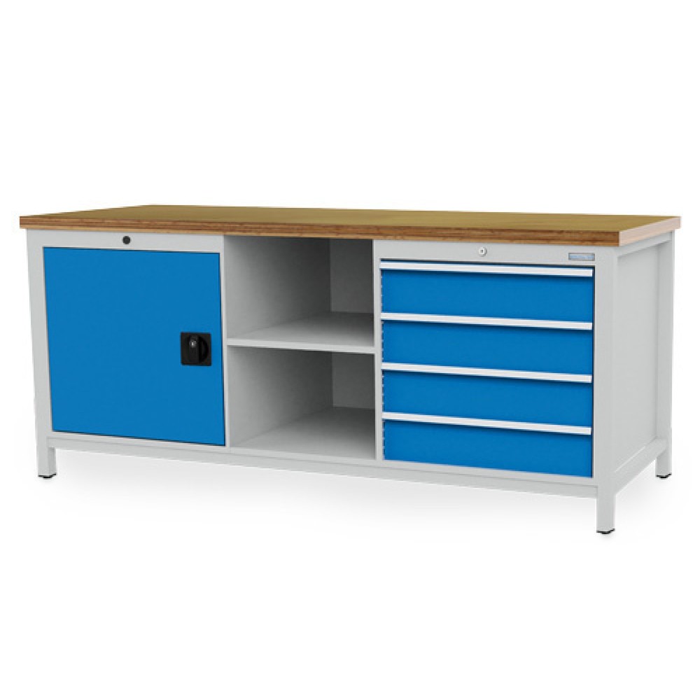 Immagine del prodotto: Banco da lavoro Bedrunka+Hirth R 24-24, AxLxP 859 x 2.000 x 750 mm, grigio chiaro, azzurro, 4 cassetti 4x150 mm, 1 anta a battente 1x600 mm