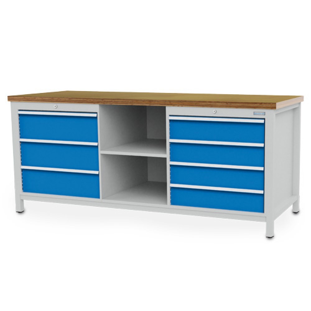 Immagine del prodotto: Banco da lavoro Bedrunka+Hirth R 24-24, AxLxP 859 x 2.000 x 750 mm, grigio chiaro, azzurro, 7 cassetti 4x150 + 3x200 mm