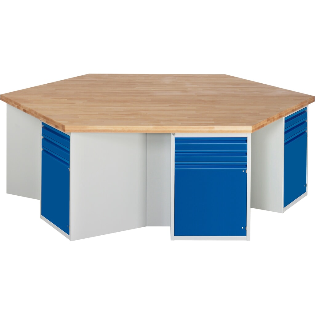Immagine del prodotto: Banco da lavoro di gruppo RAU serie 4000, 6 contenitori, AxLxP 840 x 2.700 x 2.340 mm, cassetti estraibili al 90% con impugnatura, 1 ripiano