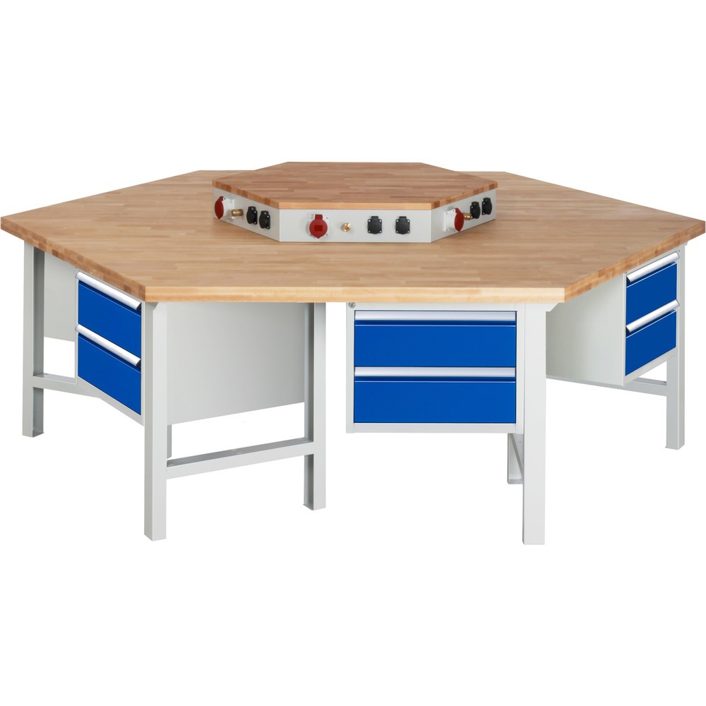 Immagine del prodotto: RAU Banco di lavoro di gruppo Serie 4000, HxLxP 790-1.140 x 2.700 x 2.340 mm, con blocco portaprese, 6 contenitori nella base, ciascuno con 2 cassetti