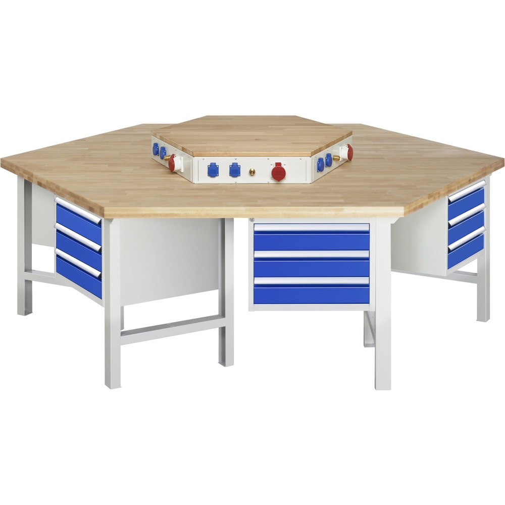 Immagine del prodotto: RAU Banco di lavoro di gruppo Serie 4000, HxLxP 790-1.140 x 2.700 x 2.340 mm, con blocco portaprese, 6 contenitori nella base, ciascuno con 3 cassetti