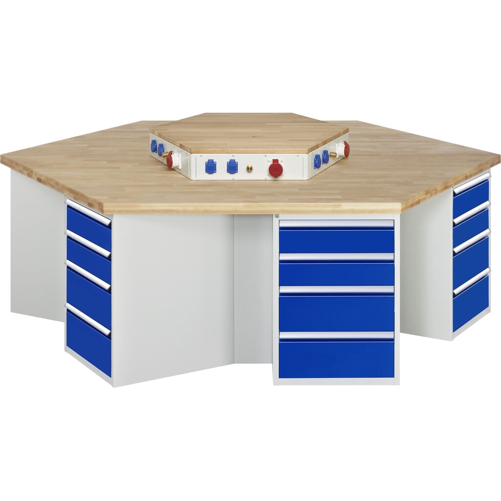 RAU Banco di lavoro di gruppo Serie 4000, HxLxP 890 x 2.700 x 2.340 mm, con blocco portaprese, 6 contenitori nella base, ciascuno con 4 cassetti Immagine del prodotto: RAU Banco di lavoro di gruppo Serie 4000, HxLxP 890 x 2.700 x 2.340 mm, con blocco portaprese, 6 contenitori nella base, ciascuno con 4 cassetti
