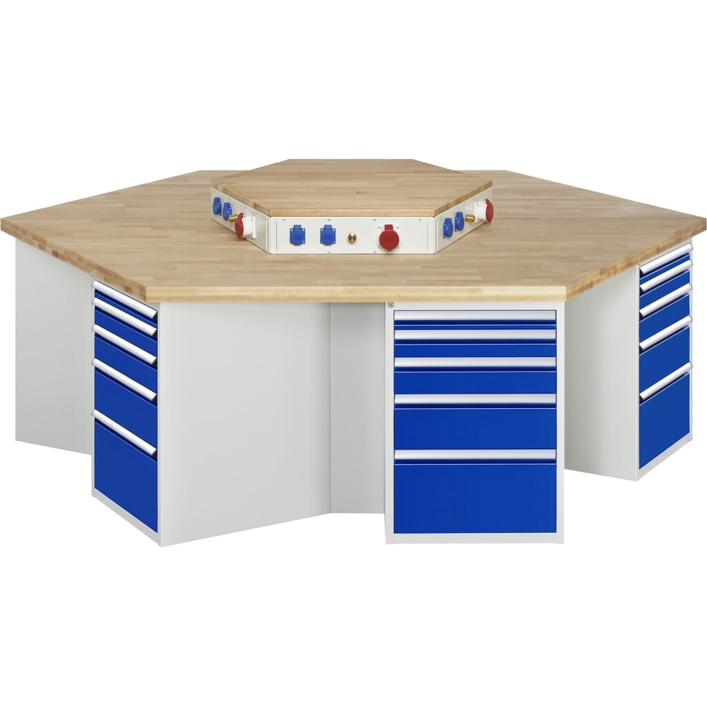 Immagine del prodotto: RAU Banco di lavoro di gruppo Serie 4000, HxLxP 890 x 2.700 x 2.340 mm, con blocco portaprese, 6 contenitori nella base, ciascuno con 5 cassetti