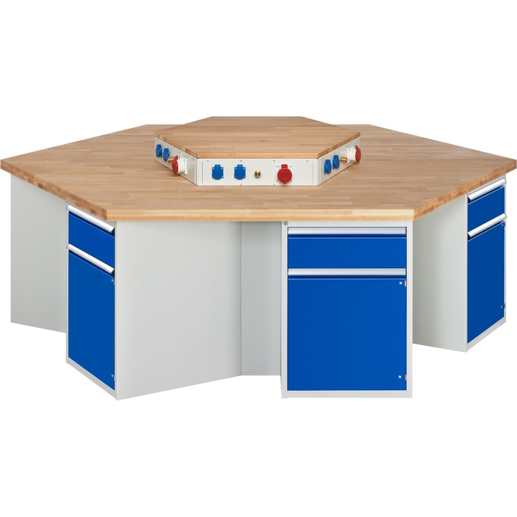 Immagine del prodotto: Banco da lavoro di gruppo RAU serie 4000, blocco portaprese, 6 contenitori con zoccolo, AxLxP 890 x 2.700 x 2.340 mm, cassetti estraibili al 90% con ErgoScript®, 1 ripiano
