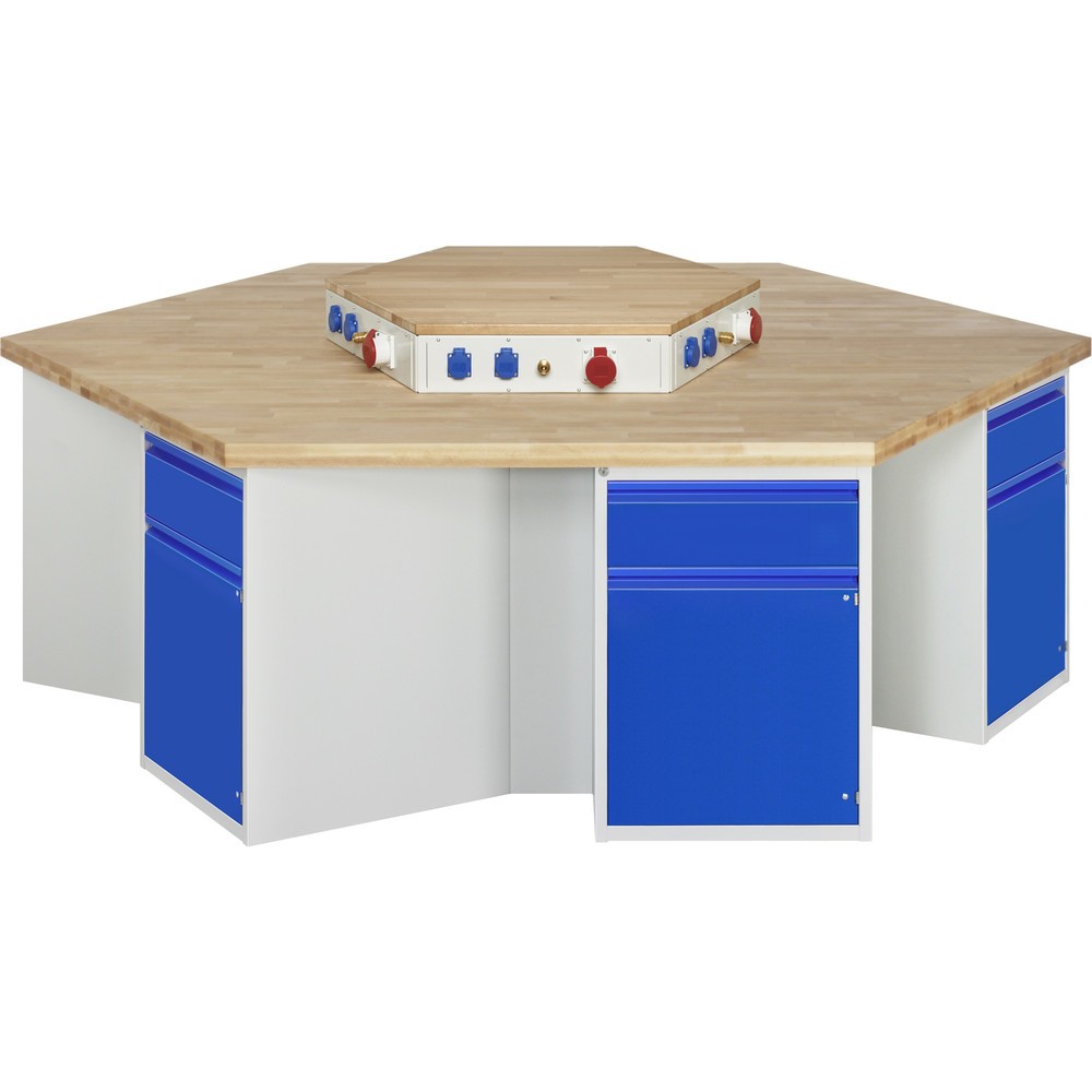 Immagine del prodotto: Banco da lavoro di gruppo RAU serie 4000, blocco portaprese, 6 contenitori con zoccolo, AxLxP 890 x 2.700 x 2.340 mm, cassetti estraibili al 90% con impugnatura, 1 ripiano