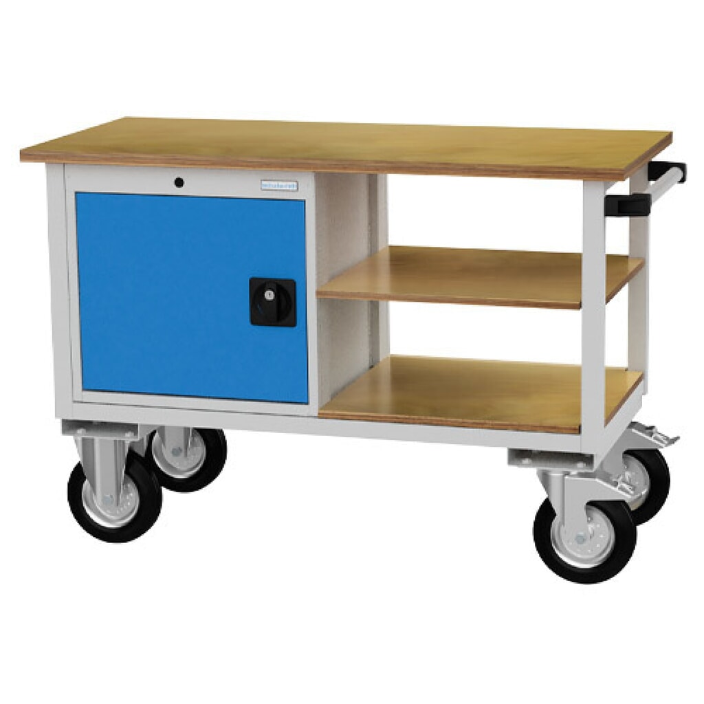 Immagine del prodotto n. 1: Banco da lavoro mobile Bedrunka+Hirth R 18-16, AxLxP 820 x 1.200 x 540 mm, grigio chiaro, azzurro, 2 ripiani, 1 anta a battente 1x400 mm