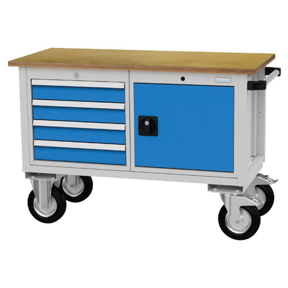 Immagine del prodotto n. 1: Banco da lavoro mobile Bedrunka+Hirth R 18-16, AxLxP 820 x 1.200 x 540 mm, grigio chiaro, azzurro, 4 cassetti 4x100 mm, 1 anta a battente 1x400 mm
