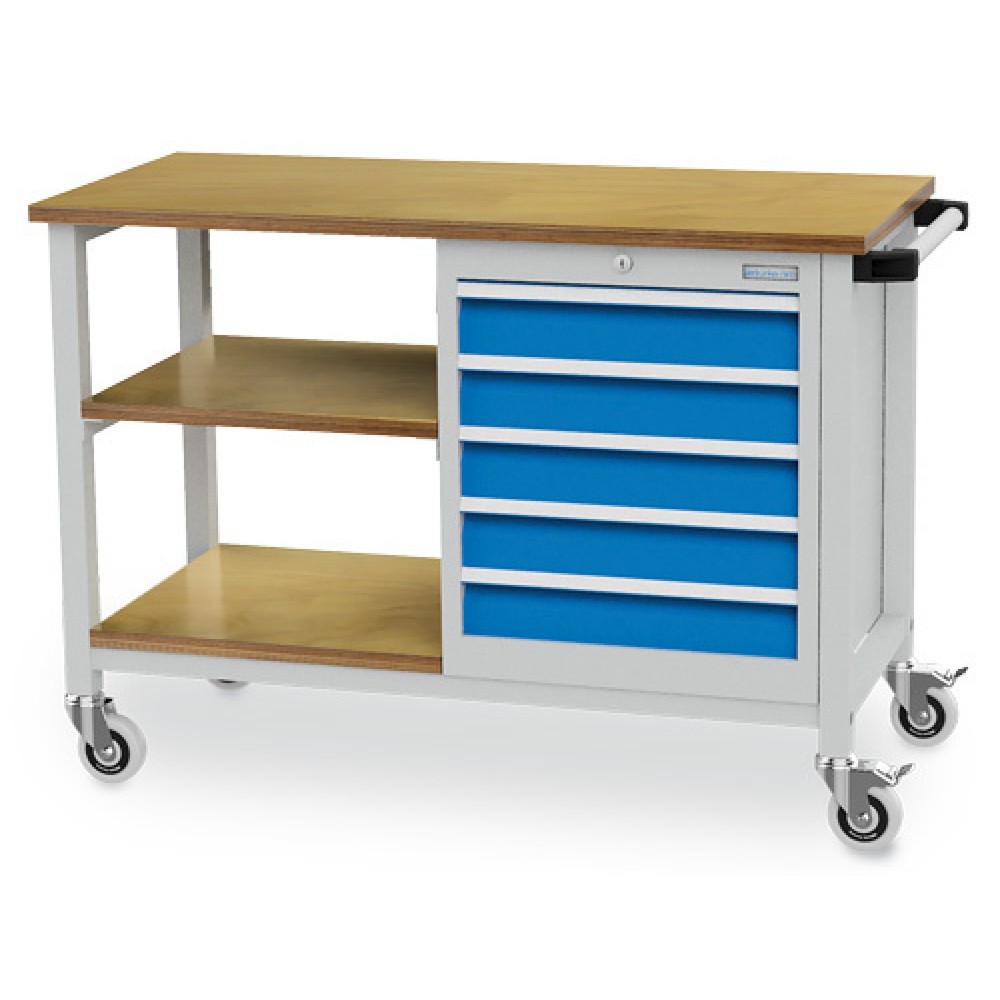 Immagine del prodotto: Banco da lavoro mobile Bedrunka+Hirth R 18-16, AxLxP 880 x 1.200 x 540 mm, grigio chiaro, azzurro, 2 ripiani, 5 cassetti 5x100 mm