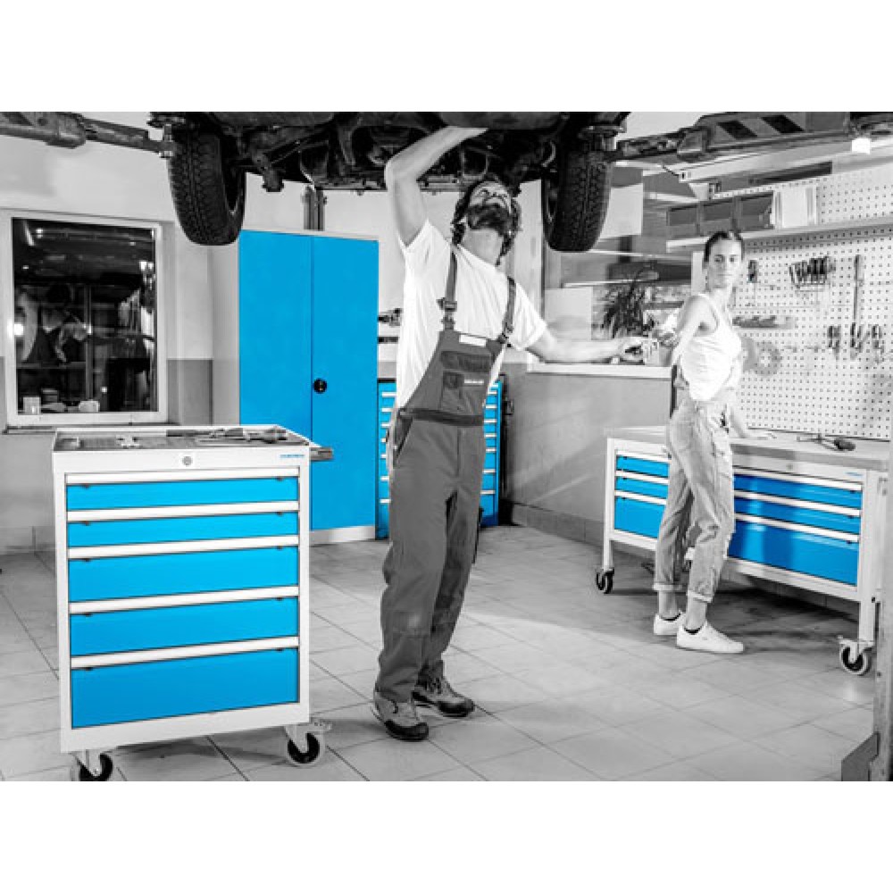 Immagine del prodotto n. 6: Banco da lavoro mobile Bedrunka+Hirth R 18-24, AxLxP 995 x 1.250 x 750 mm, grigio chiaro, azzurro, 9 cassetti 1x50 + 3x100 + 3x150 + 2x200 mm