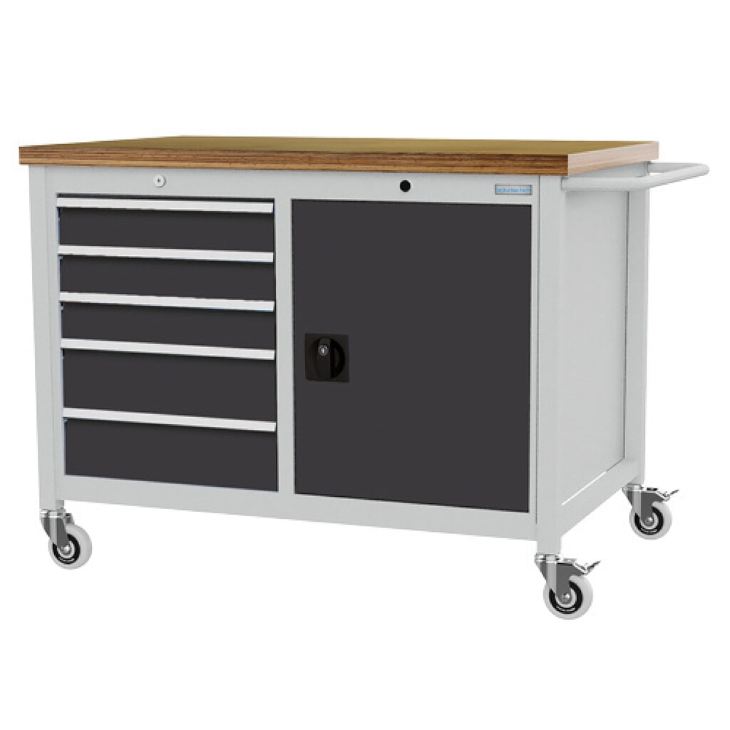 Immagine del prodotto: Banco da lavoro mobile Bedrunka+Hirth R 18-24, AxLxP 950 x 1.250 x 750 mm, grigio chiaro, grigio antracite, 5 cassetti 3x100 + 2x150 mm, 1 anta a battente 1x600 mm