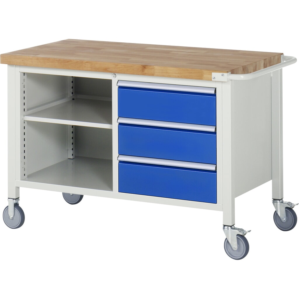 Immagine del prodotto n. 1: Banco da lavoro mobile RAU serie 8000, 1 contenitore doppio, 1 piani di appoggio, HxLxP 880-1.080 x 1.250 x 700 mm, 3 cassetti estraibili al 90%