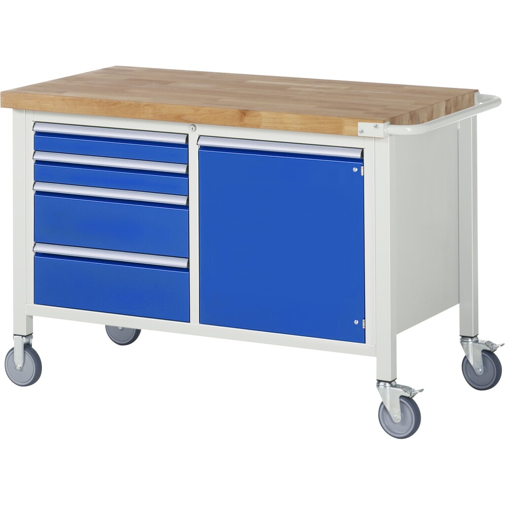 Immagine del prodotto: Banco da lavoro mobile RAU serie 8000, 1 contenitore doppio, 1 piano di appoggio, 1 anta battente, HxLxP 880-1.080 x 1.250 x 700 mm, 4 cassetti estraibili al 90%