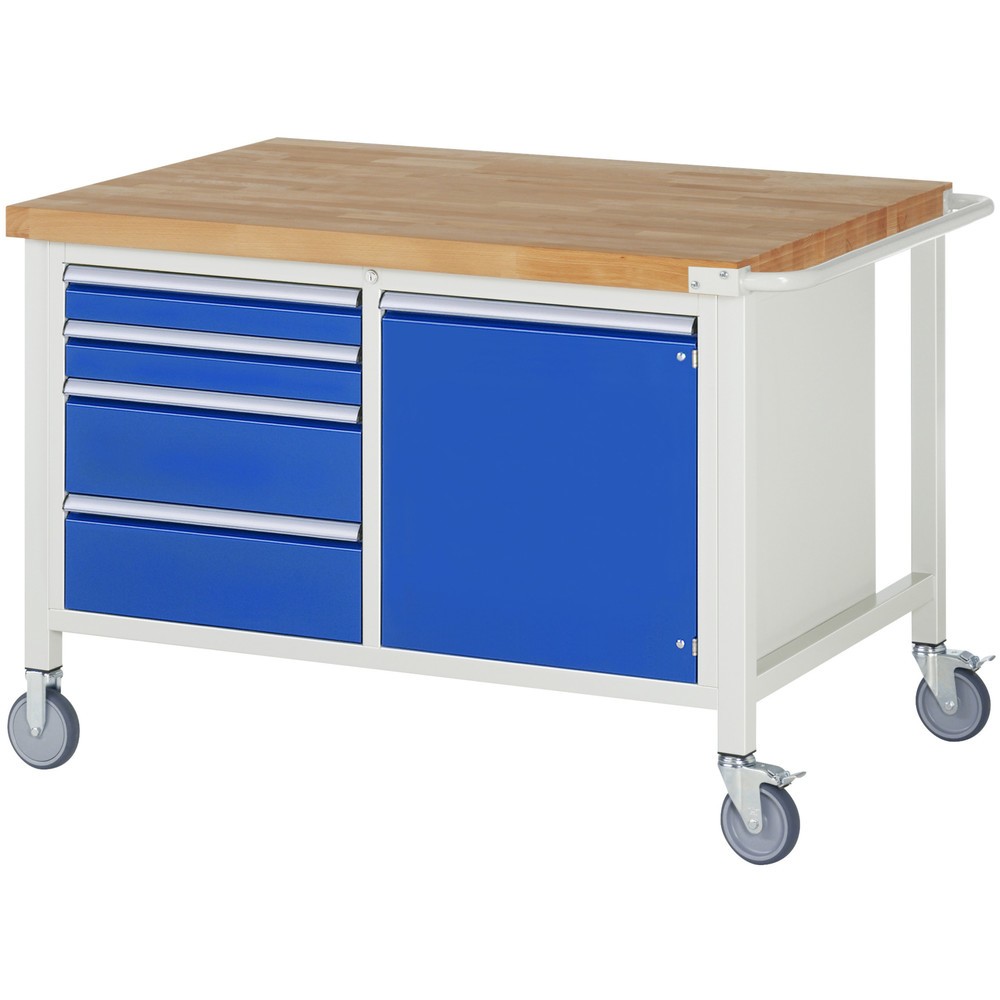 Immagine del prodotto: Banco da lavoro mobile RAU serie 8000, 1 contenitore doppio, 1 piano di appoggio, 1 anta battente, HxLxP 880-1.080 x 1.250 x 900 mm, 4 cassetti estraibili al 90%