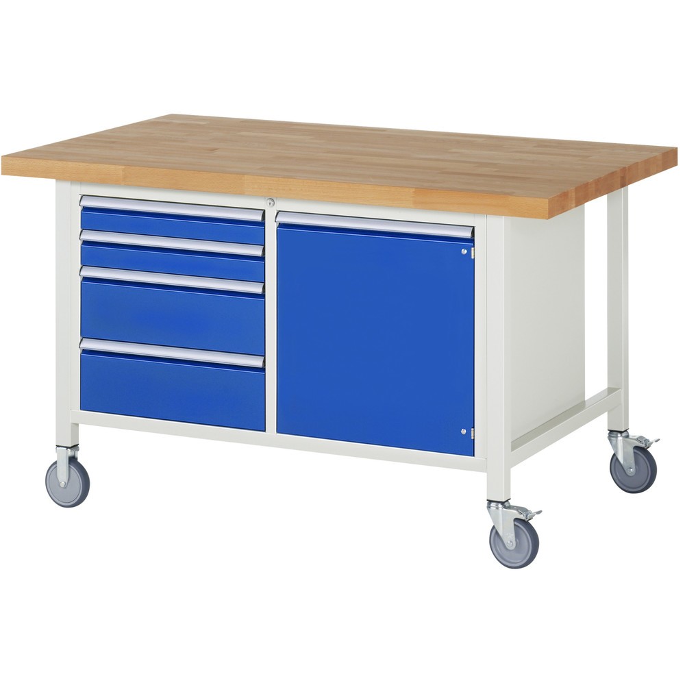 Immagine del prodotto n. 1: Banco da lavoro mobile RAU serie 8000, 1 contenitore doppio, 1 piano di appoggio, 1 anta battente, HxLxP 880-1.080 x 1.500 x 900 mm, 4 cassetti estraibili al 90%