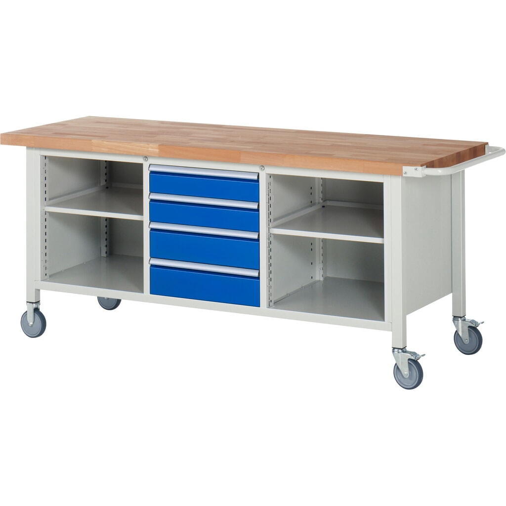 Immagine del prodotto n. 1: Banco da lavoro mobile RAU serie 8000, 1 contenitore doppio, 1 piano di appoggio, HxLxP 880-1.080 x 2.000 x 700 mm, 4 cassetti estraibili al 90%