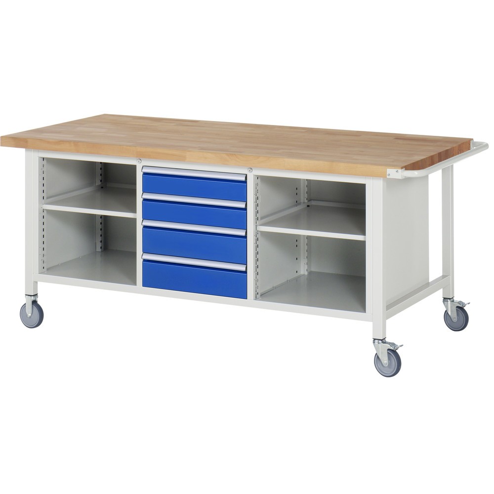 Immagine del prodotto n. 1: Banco da lavoro mobile RAU serie 8000, 1 contenitore triplo, 1 piano di appoggio, HxLxP 880 x 2.000 x 900 mm, 4 cassetti estraibili al 90%