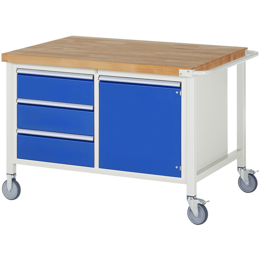 Immagine del prodotto: Banco da lavoro mobile RAU serie 8000, 1 contenitore doppio, 1 ripiano, 1 anta battente, AxLxP 880-1.080 x 1.250 x 900 mm, 3 cassetti estraibili al 100%