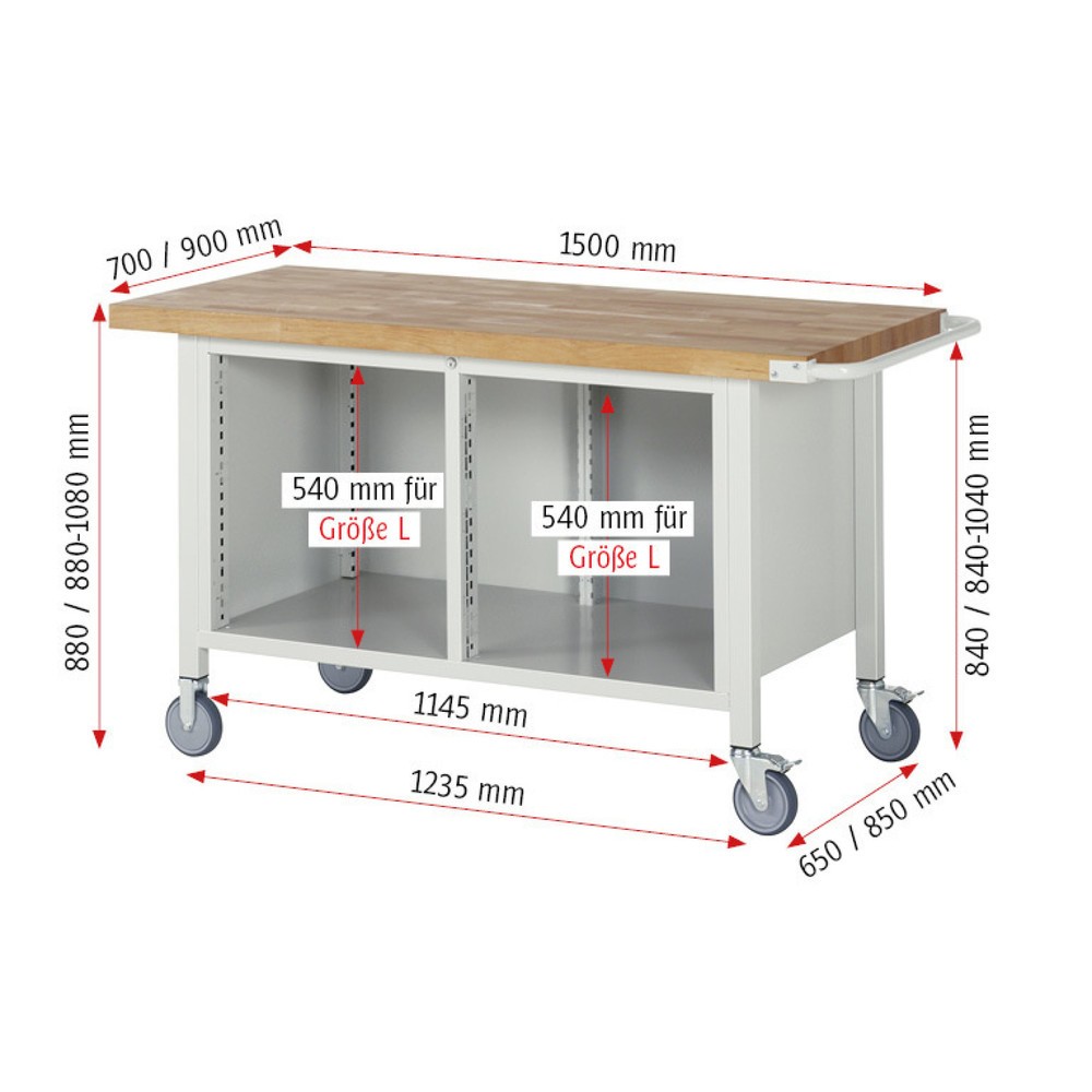 Immagine del prodotto n. 6: Banco da lavoro mobile RAU serie 8000, 1 contenitore doppio, 1 piano di appoggio, 1 anta battente, HxLxP 880-1.080 x 1.500 x 700 mm, 3 cassetti estraibili al 90%