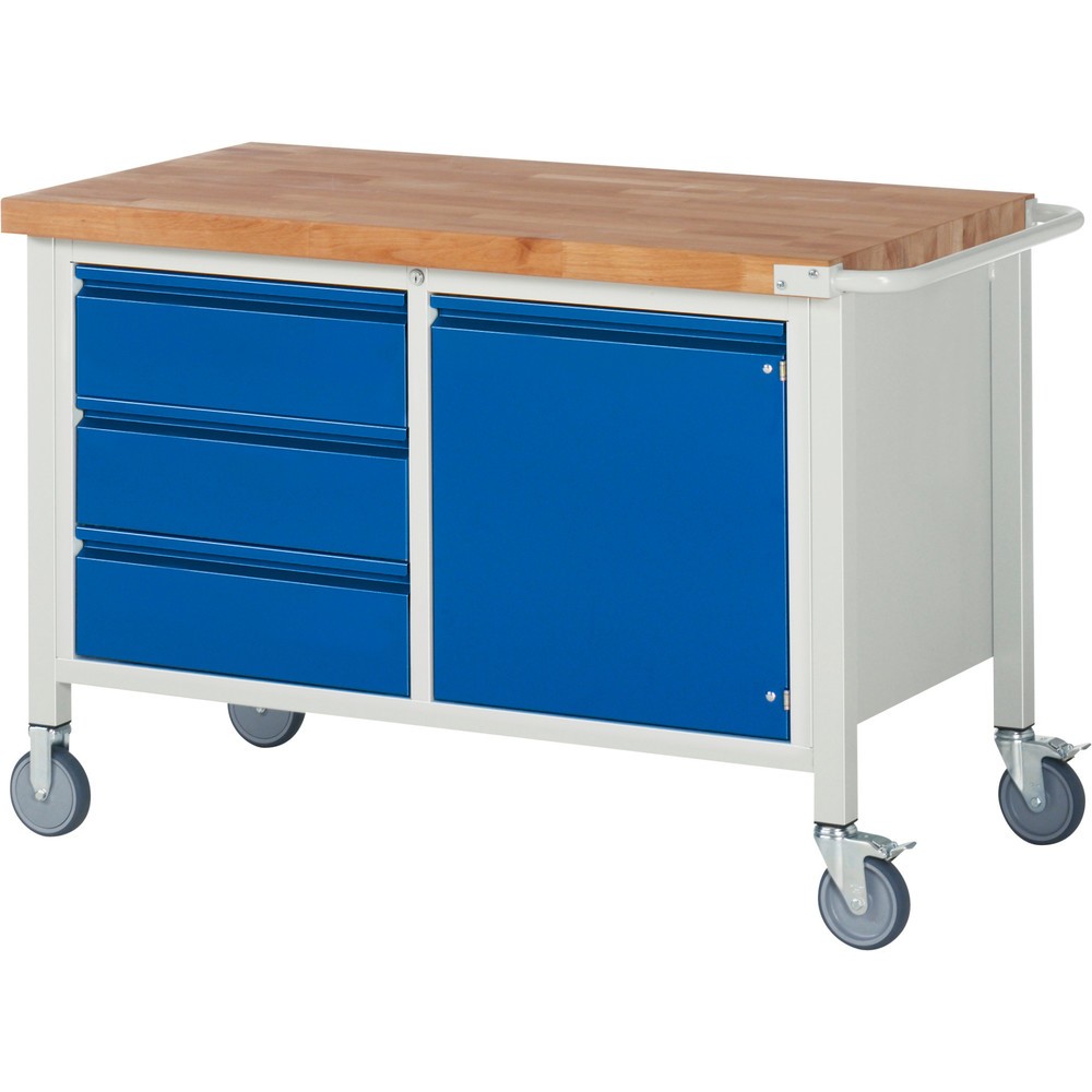 Immagine del prodotto n. 1: Banco da lavoro RAU serie 8000, 1 contenitore doppio, 1 ripiano, 1 anta battente, AxLxP 880 x 1.250 x 700 mm, 3 cassetti 3 x 180 mm