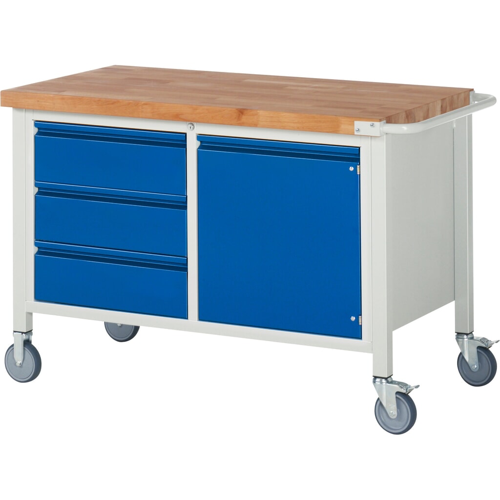 Immagine del prodotto n. 1: Banco da lavoro RAU serie 8000, 1 contenitore doppio, 1 ripiano, 1 anta battente, AxLxP 880 x 1.250 x 700 mm, 3 cassetti 3 x 180 mm