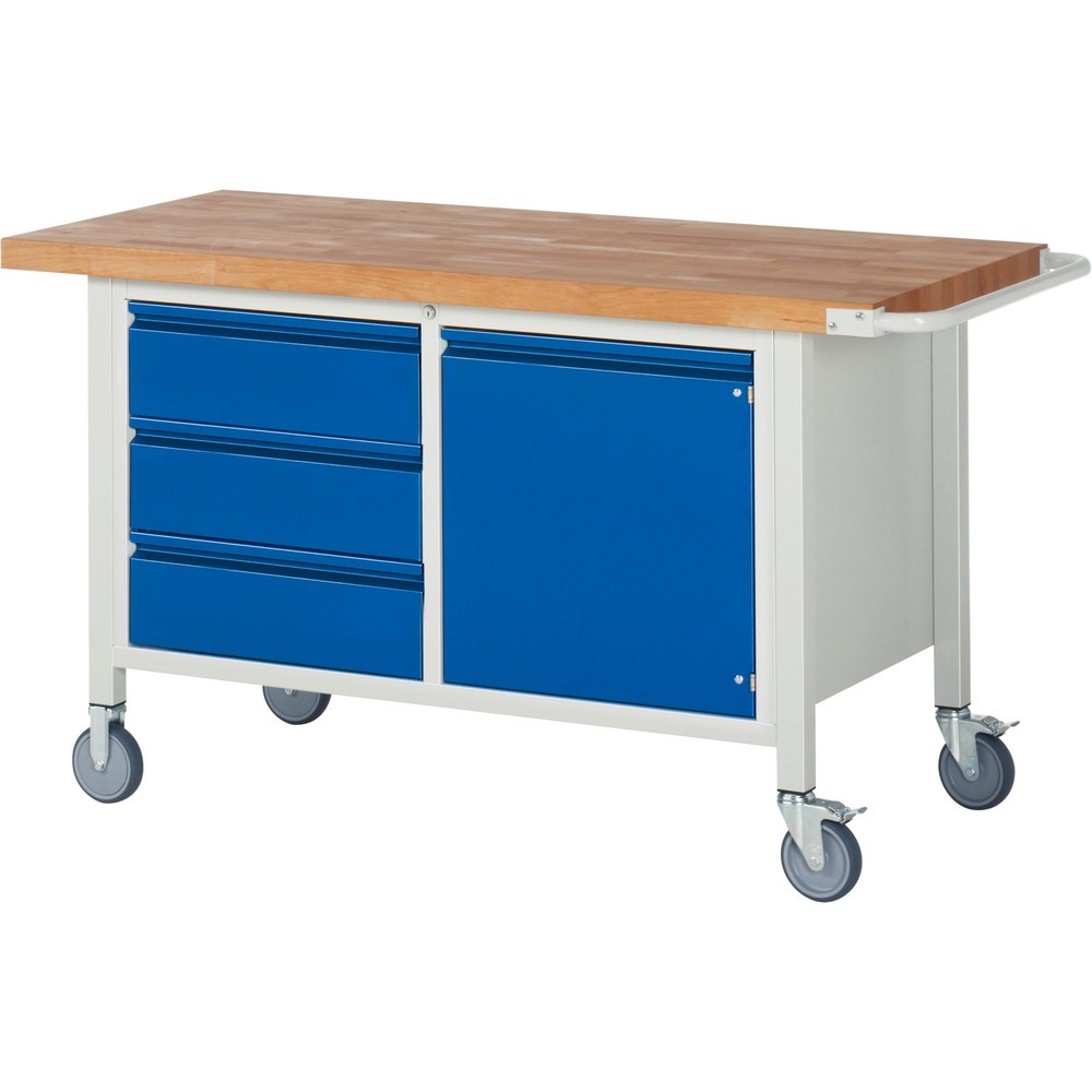 Immagine del prodotto: Banco da lavoro RAU serie 8000, 1 contenitore doppio, 1 ripiano, 1 anta battente, AxLxP 880 x 1.500 x 700 mm, 3 cassetti 3 x 180 mm