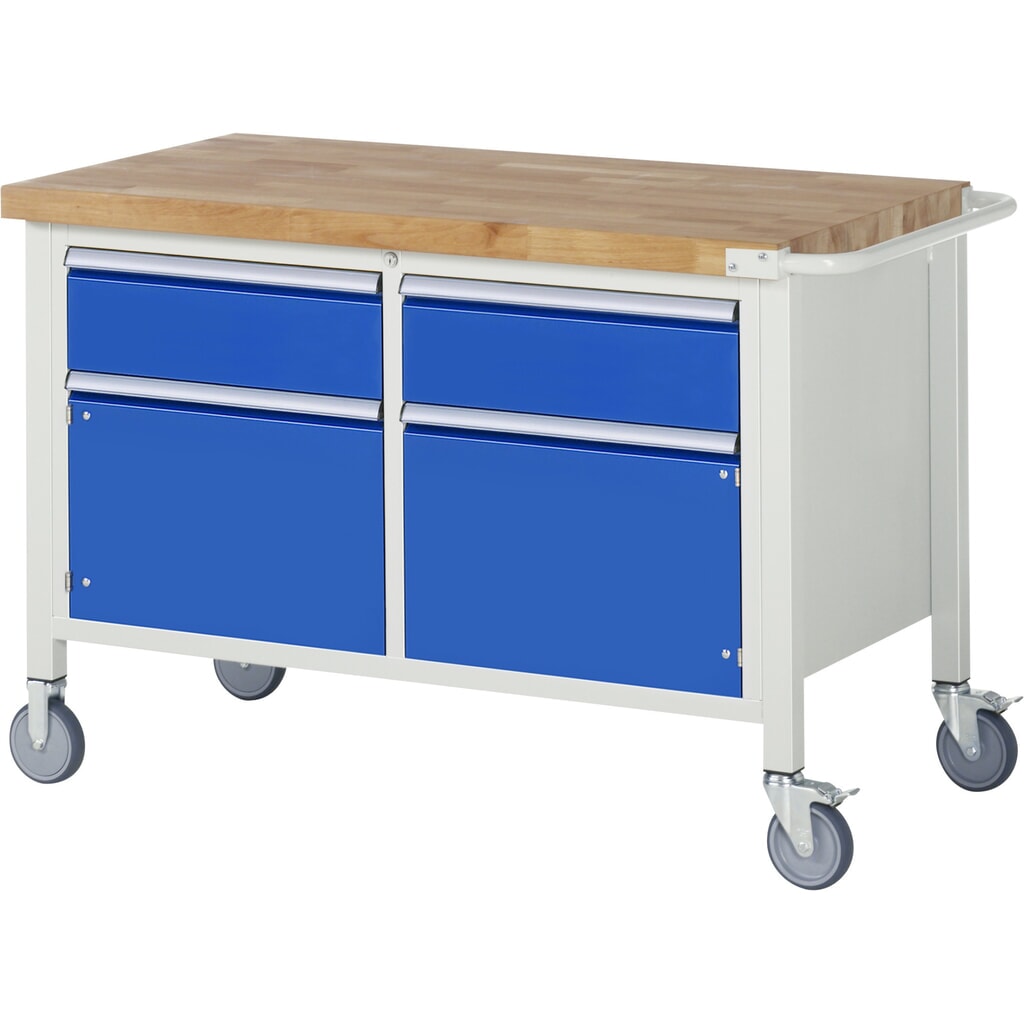 Immagine del prodotto: Banco da lavoro mobile RAU serie 8000, 1 contenitore doppio, 2 ante battenti, HxLxP 880-1.080 x 1.250 x 700 mm, 2 cassetti estraibili al 90%