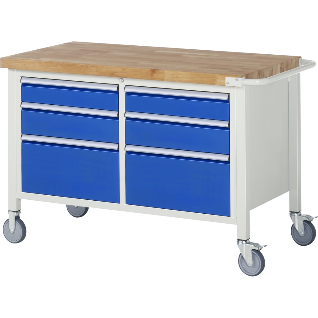 Immagine del prodotto: Banco da lavoro mobile RAU serie 8000, 1 contenitore doppio, HxLxP 880-1.080 x 1.250 x 700 mm, 6 cassetti estraibili al 90%
